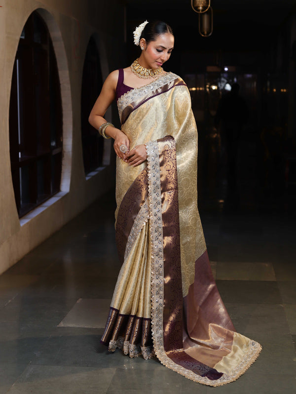 Banarasee Handwoven Tissue Saree With Zari Jaal Design Contrast Border & Lace-Beige & Purple