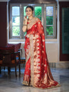 Banarasee Tissue Saree With Hand Embroidered Mirror Work Pearl Motifs & Zari Woven Pallu-Red
