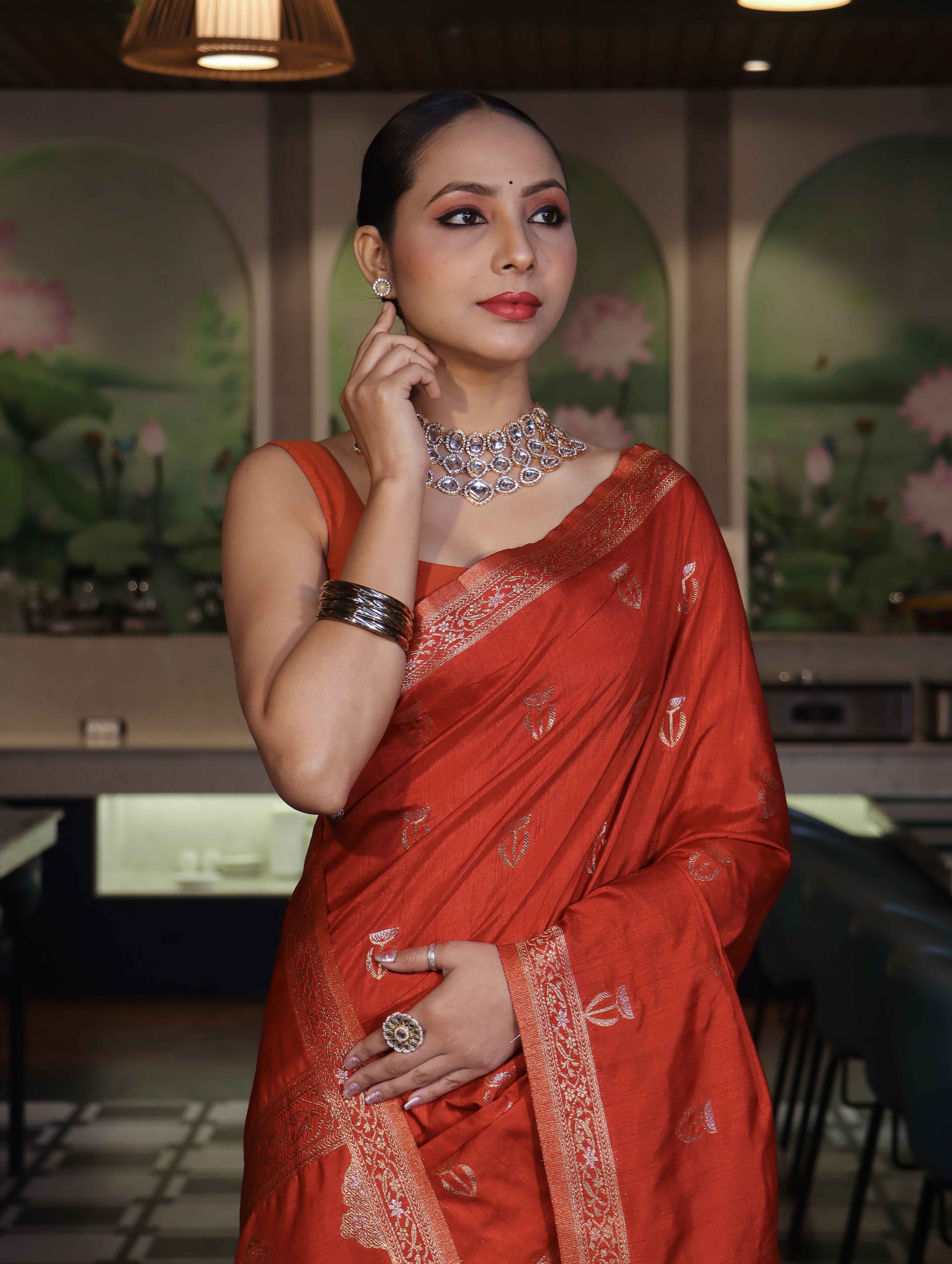 Banarasee Handloom Semi Silk Saree With Sona Rupa Zari Work & Border-Rust