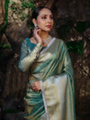 Banarasee Handwoven Dual Shade Plain Tissue Saree With Broad Zari Border & Lace-Green