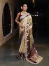 Banarasee Handwoven Tissue Saree With Zari Jaal Design Contrast Border & Lace-Beige & Purple