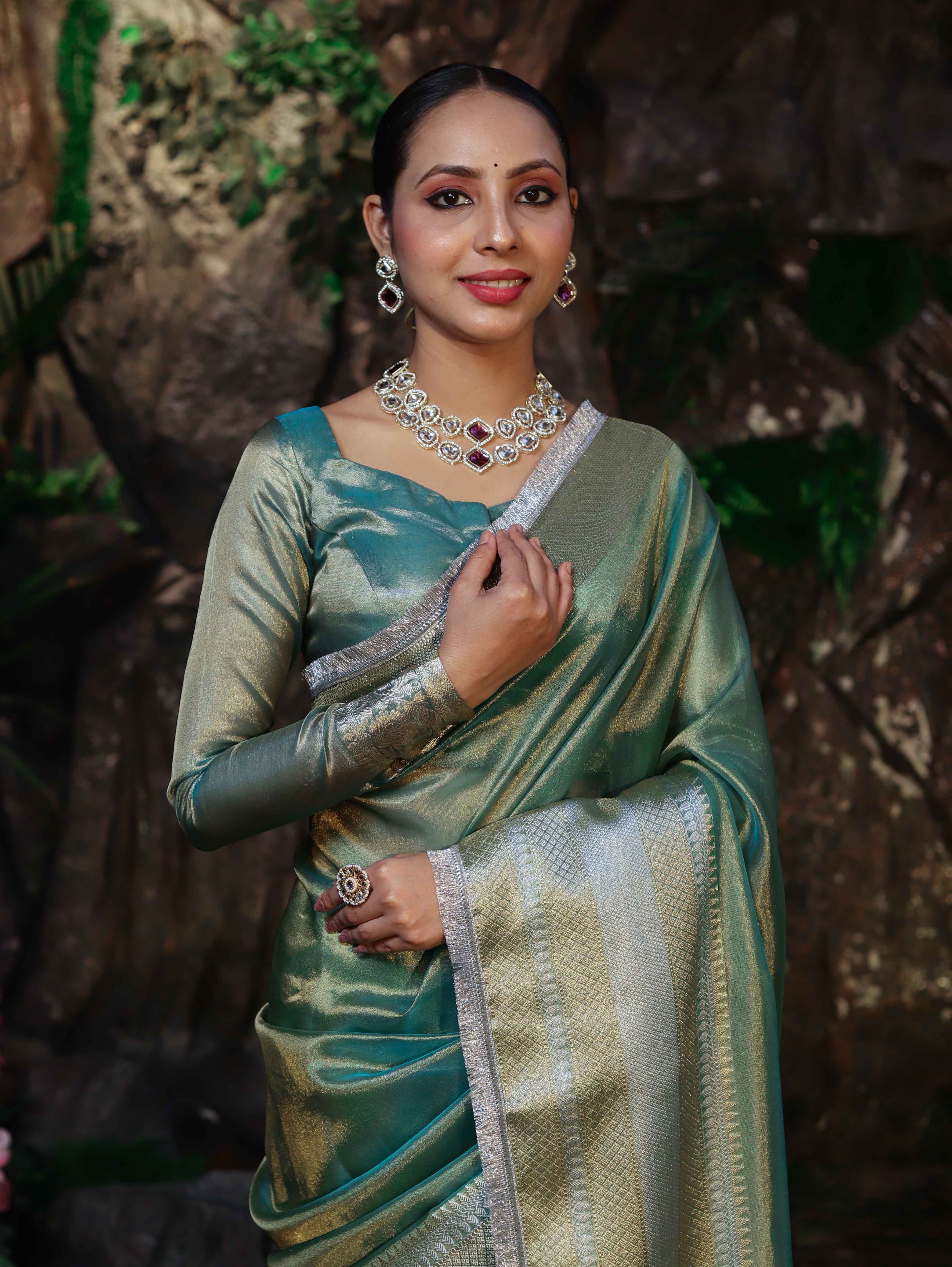 Banarasee Handwoven Dual Shade Plain Tissue Saree With Broad Zari Border & Lace-Green