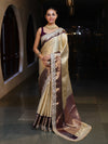 Banarasee Handwoven Tissue Saree With Zari Jaal Design Contrast Border & Lace-Beige & Purple