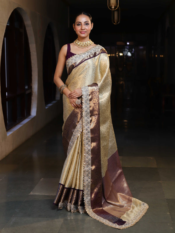 Banarasee Handwoven Tissue Saree With Zari Jaal Design Contrast Border & Lace-Beige & Purple