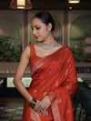 Banarasee Handloom Semi Silk Saree With Sona Rupa Zari Work & Border-Rust