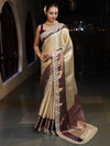 Banarasee Handwoven Tissue Saree With Zari Jaal Design Contrast Border & Lace-Beige & Purple