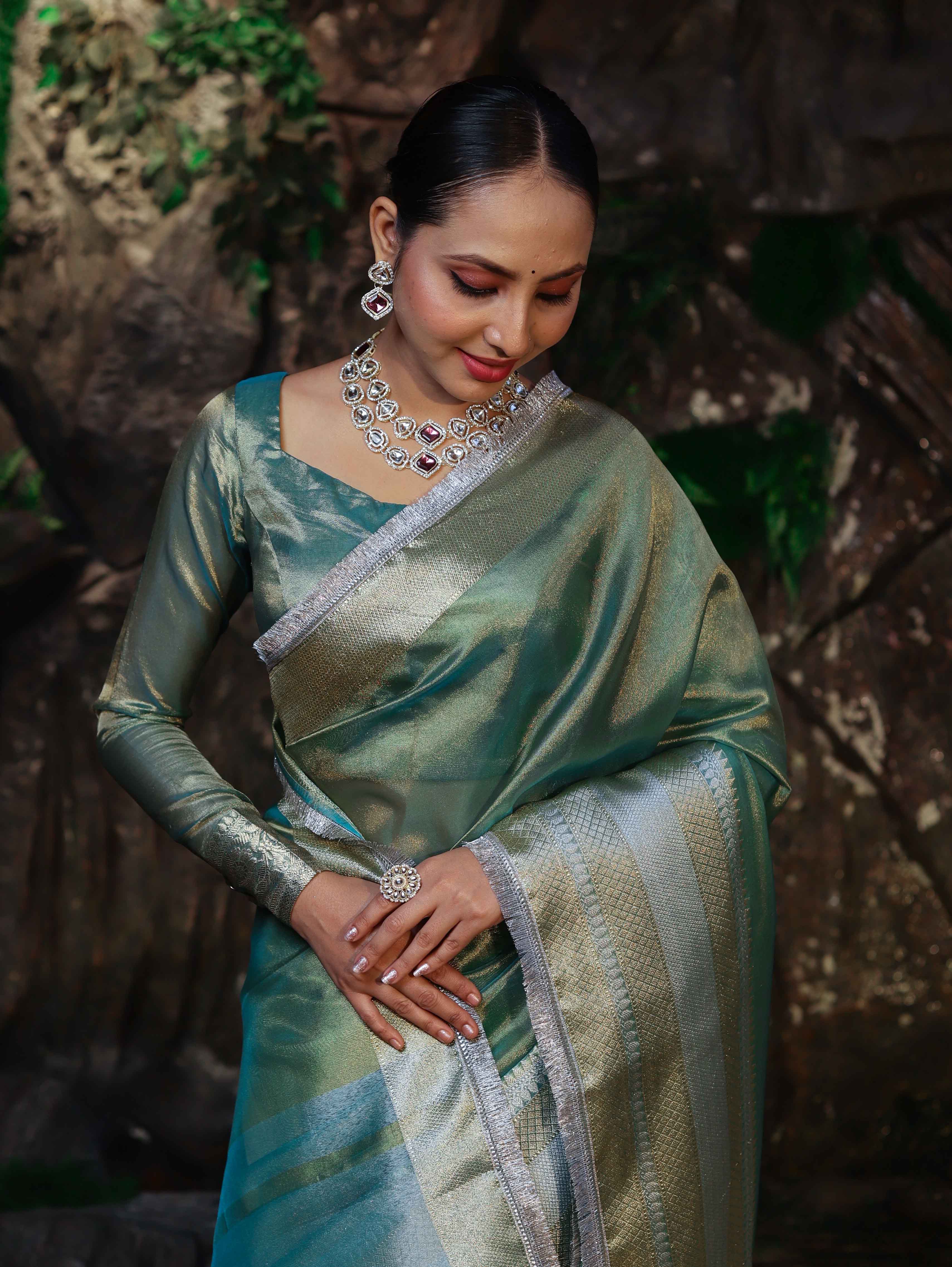 Banarasee Handwoven Dual Shade Plain Tissue Saree With Broad Zari Border & Lace-Green