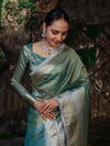 Banarasee Handwoven Dual Shade Plain Tissue Saree With Broad Zari Border & Lace-Green