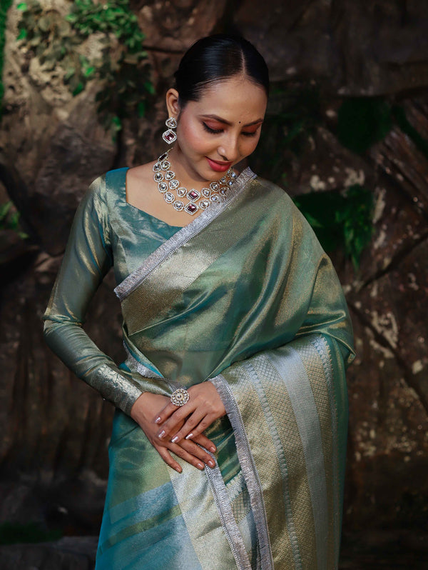 Banarasee Handwoven Dual Shade Plain Tissue Saree With Broad Zari Border & Lace-Green