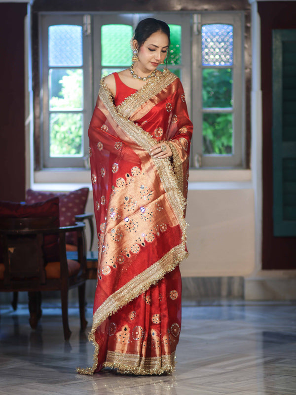 Banarasee Tissue Saree With Hand Embroidered Mirror Work Pearl Motifs & Zari Woven Pallu-Red
