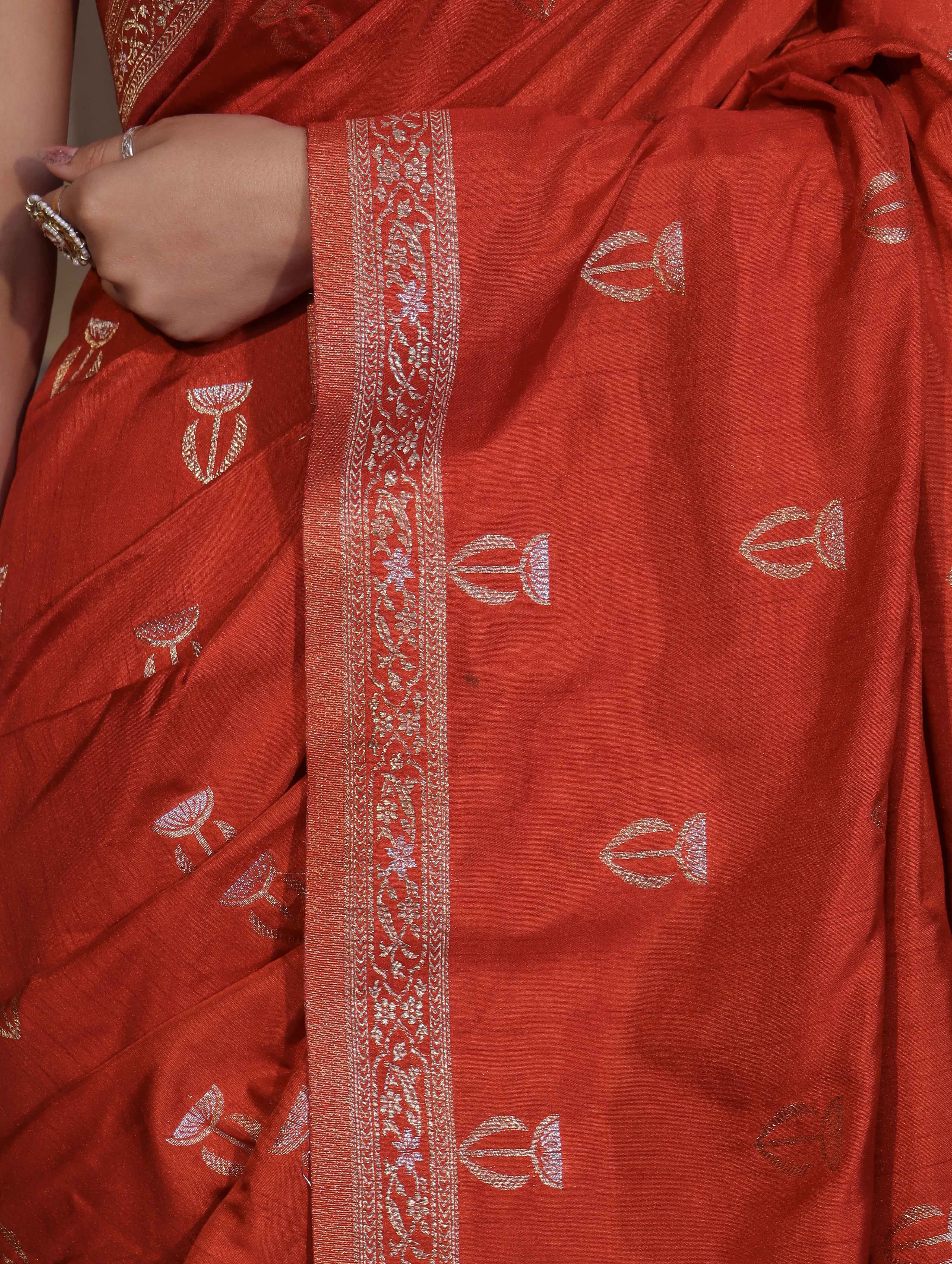 Banarasee Handloom Semi Silk Saree With Sona Rupa Zari Work & Border-Rust