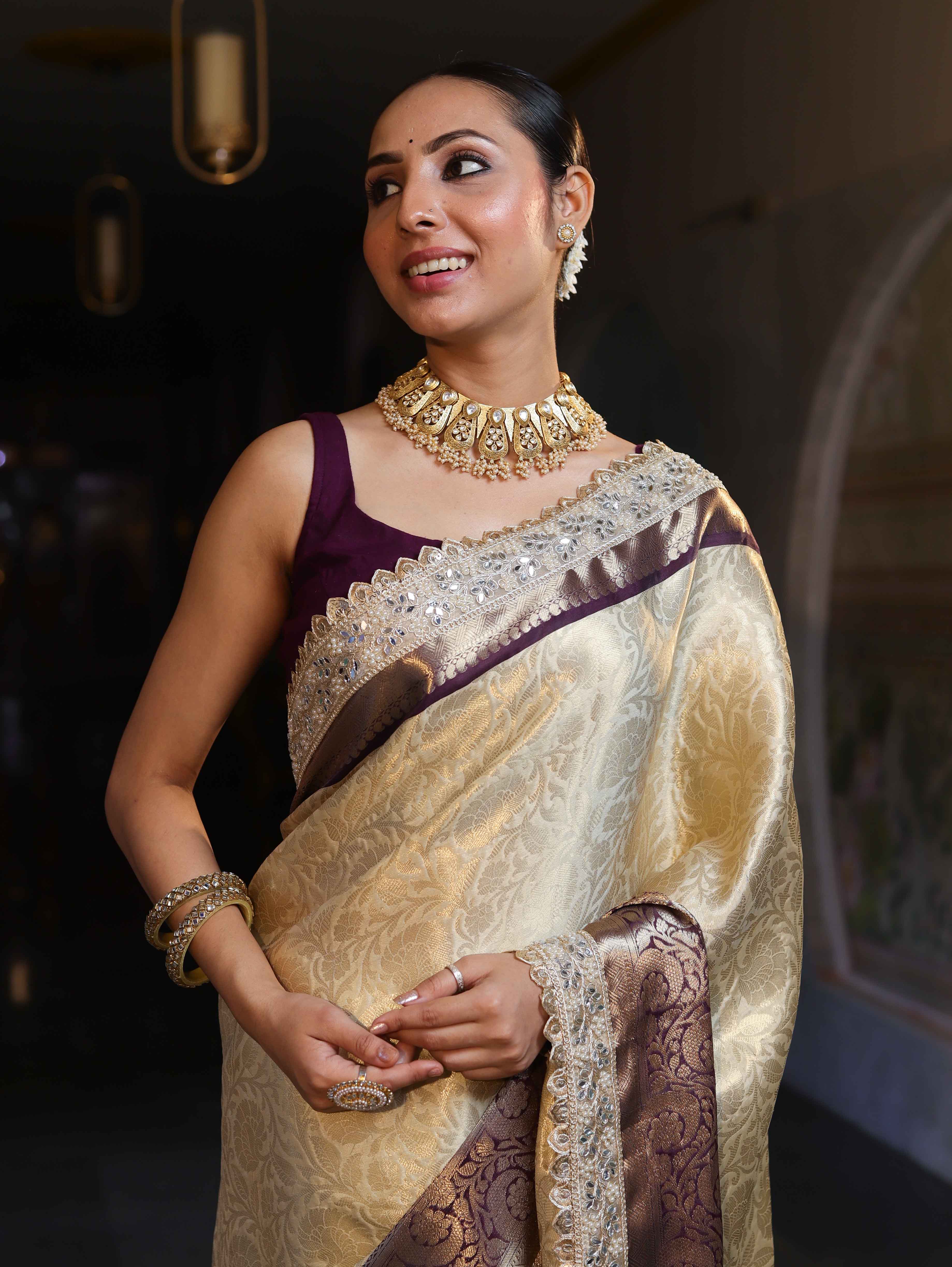 Banarasee Handwoven Tissue Saree With Zari Jaal Design Contrast Border & Lace-Beige & Purple