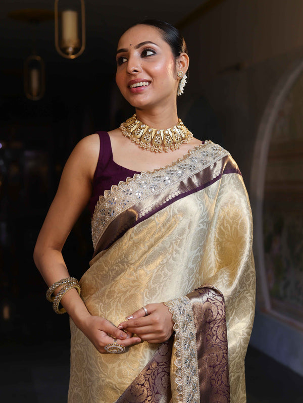 Banarasee Handwoven Tissue Saree With Zari Jaal Design Contrast Border & Lace-Beige & Purple