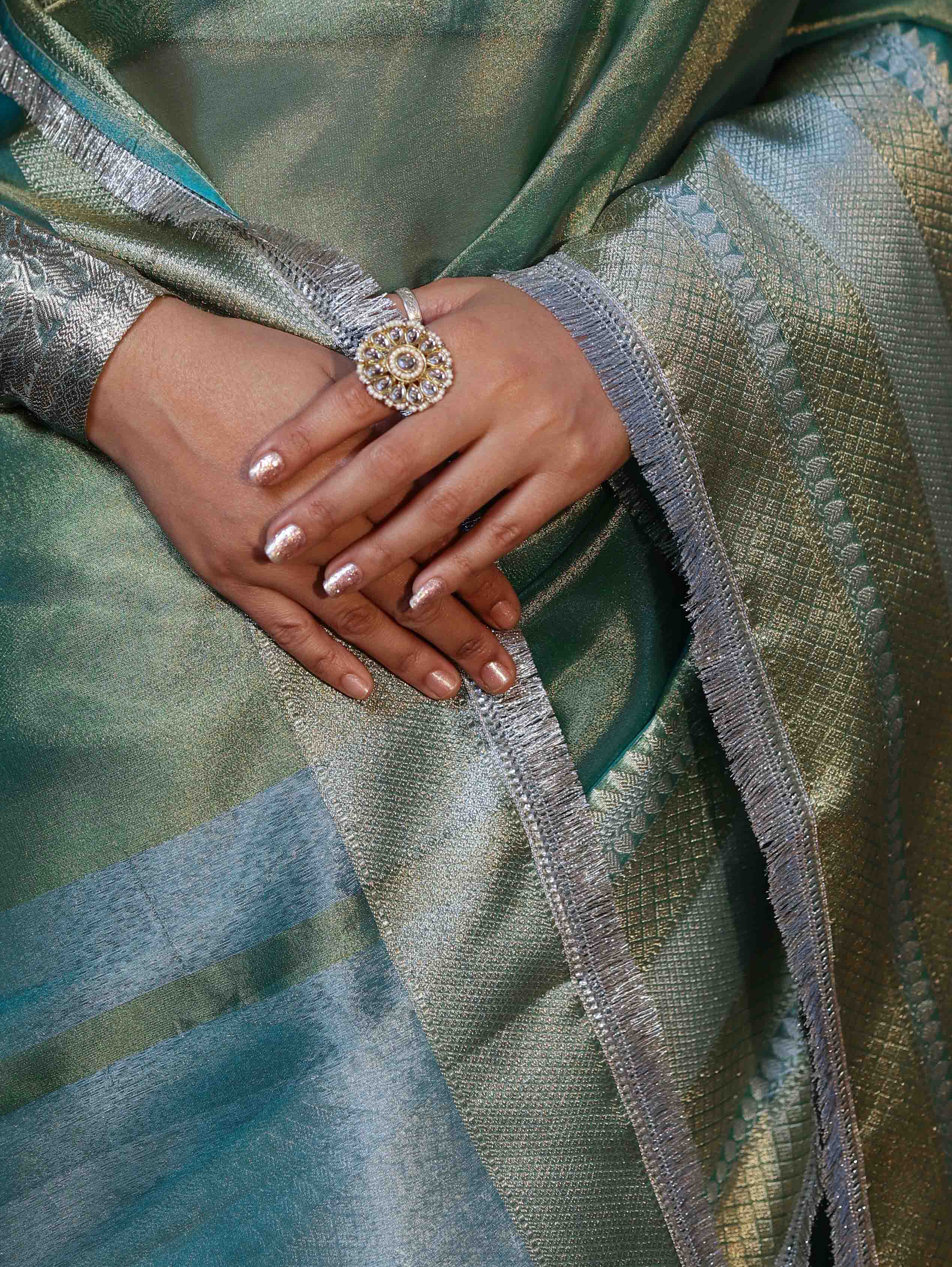 Banarasee Handwoven Dual Shade Plain Tissue Saree With Broad Zari Border & Lace-Green