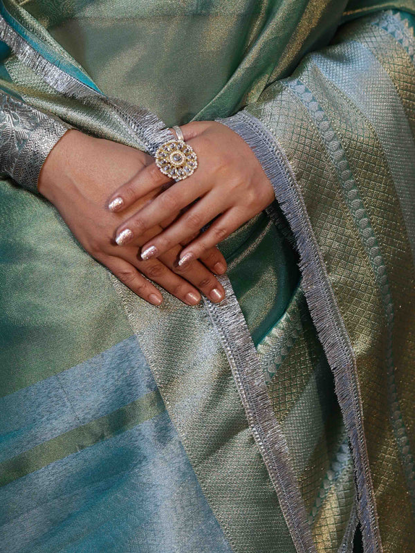Banarasee Handwoven Dual Shade Plain Tissue Saree With Broad Zari Border & Lace-Green