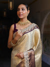 Banarasee Handwoven Tissue Saree With Zari Jaal Design Contrast Border & Lace-Beige & Purple