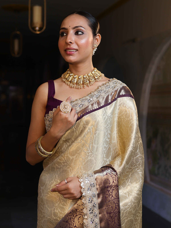 Banarasee Handwoven Tissue Saree With Zari Jaal Design Contrast Border & Lace-Beige & Purple
