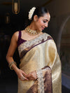Banarasee Handwoven Tissue Saree With Zari Jaal Design Contrast Border & Lace-Beige & Purple