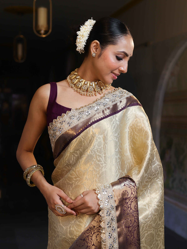 Banarasee Handwoven Tissue Saree With Zari Jaal Design Contrast Border & Lace-Beige & Purple
