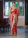 Banarasee Tissue Saree With Hand Embroidered Mirror Work Pearl Motifs & Zari Woven Pallu-Red