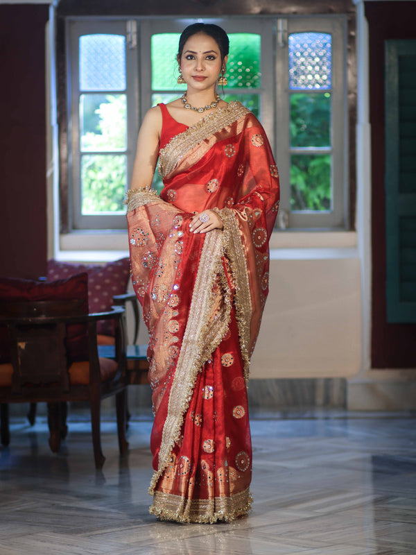 Banarasee Tissue Saree With Hand Embroidered Mirror Work Pearl Motifs & Zari Woven Pallu-Red