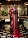 Banarasee Jamewar Tanchoi Soft Silk Saree with Contrast Border-Brown & Magenta