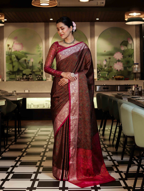Banarasee Jamewar Tanchoi Soft Silk Saree with Contrast Border-Brown & Magenta