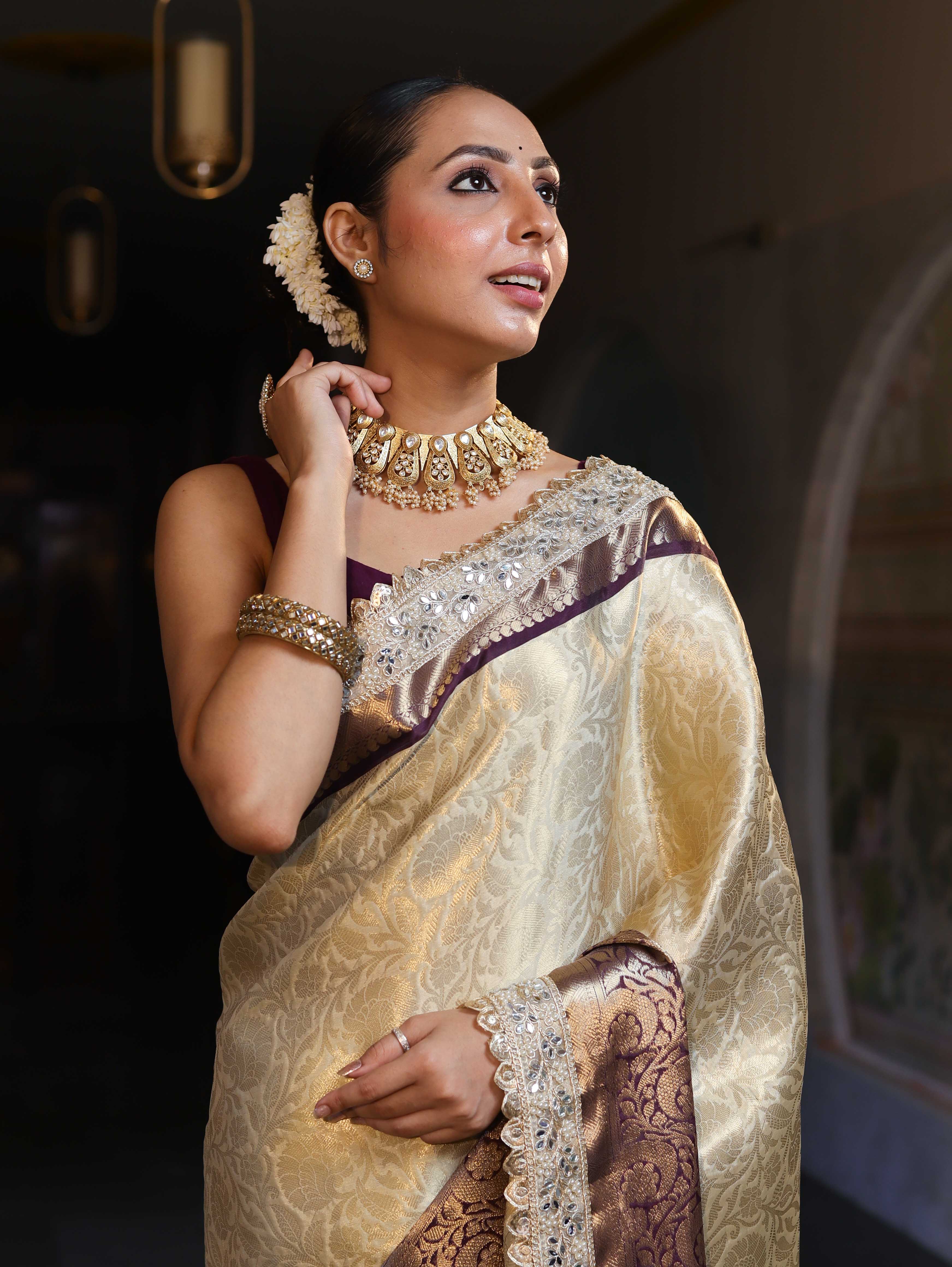 Banarasee Handwoven Tissue Saree With Zari Jaal Design Contrast Border & Lace-Beige & Purple