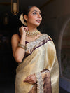 Banarasee Handwoven Tissue Saree With Zari Jaal Design Contrast Border & Lace-Beige & Purple