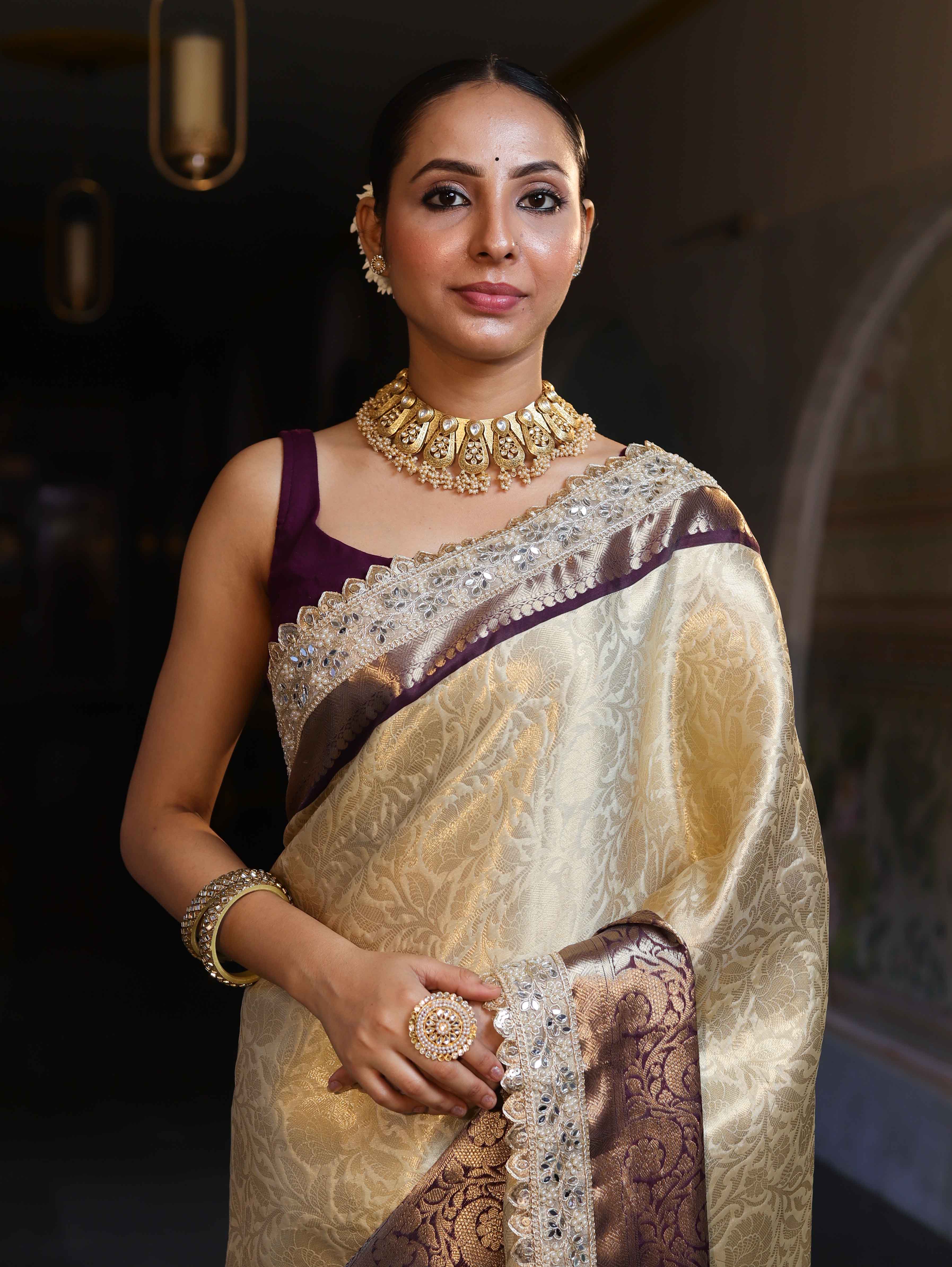 Banarasee Handwoven Tissue Saree With Zari Jaal Design Contrast Border & Lace-Beige & Purple