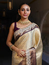 Banarasee Handwoven Tissue Saree With Zari Jaal Design Contrast Border & Lace-Beige & Purple