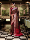 Banarasee Jamewar Tanchoi Soft Silk Saree with Contrast Border-Brown & Magenta
