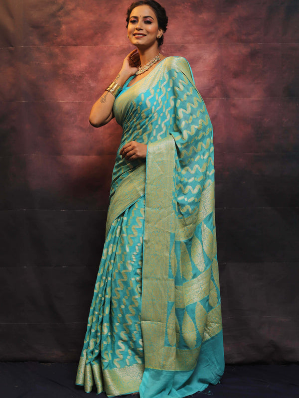 Banarasee Handwoven Pure Chiffon Saree With Zari-Blue