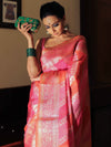 Banarasee Handwoven Soft Semi Silk Saree With Hand-Painted Rangkat Design-Orange & Pink