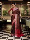 Banarasee Jamewar Tanchoi Soft Silk Saree with Contrast Border-Brown & Magenta