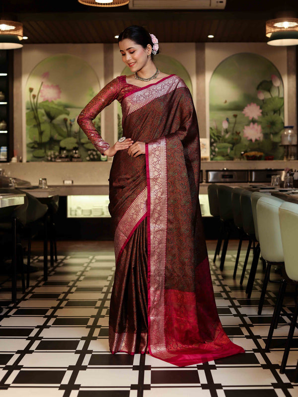 Banarasee Jamewar Tanchoi Soft Silk Saree with Contrast Border-Brown & Magenta