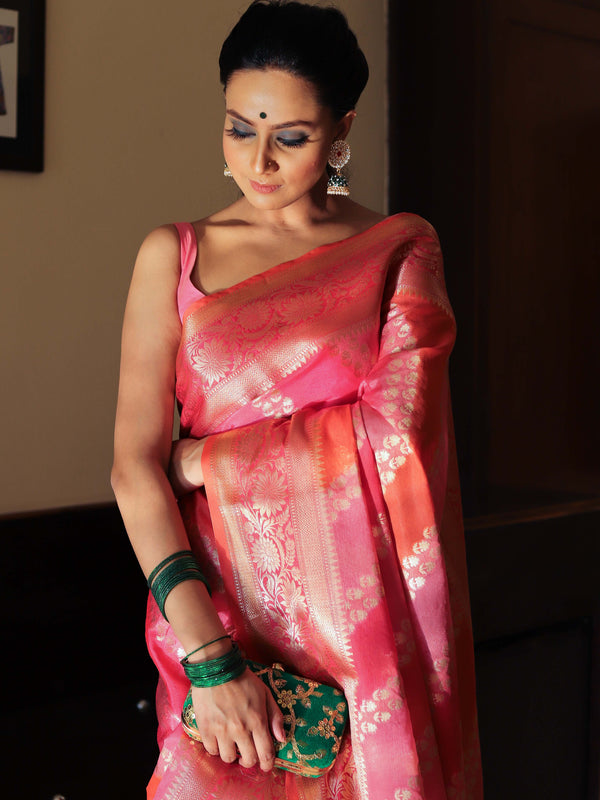 Banarasee Handwoven Soft Semi Silk Saree With Hand-Painted Rangkat Design-Orange & Pink