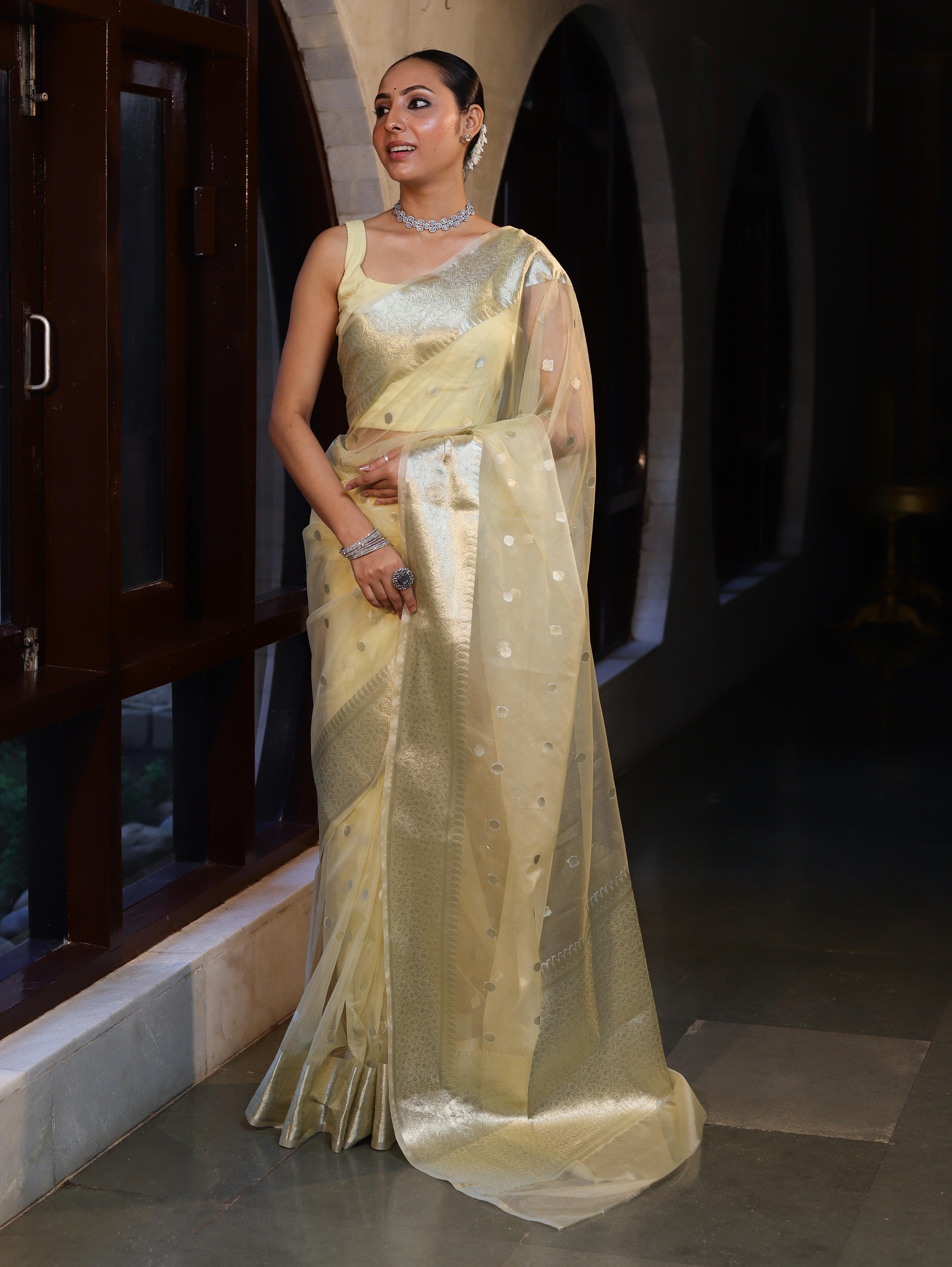 Banarasee Organza Mix Saree With Silver Zari Buti Design & Border-Light Yellow