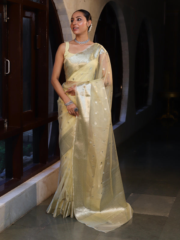 Banarasee Organza Mix Saree With Silver Zari Buti Design & Border-Light Yellow