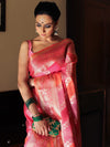 Banarasee Handwoven Soft Semi Silk Saree With Hand-Painted Rangkat Design-Orange & Pink