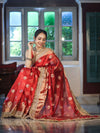 Banarasee Tissue Saree With Hand Embroidered Mirror Work Pearl Motifs & Zari Woven Pallu-Red