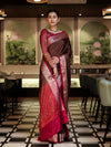 Banarasee Jamewar Tanchoi Soft Silk Saree with Contrast Border-Brown & Magenta