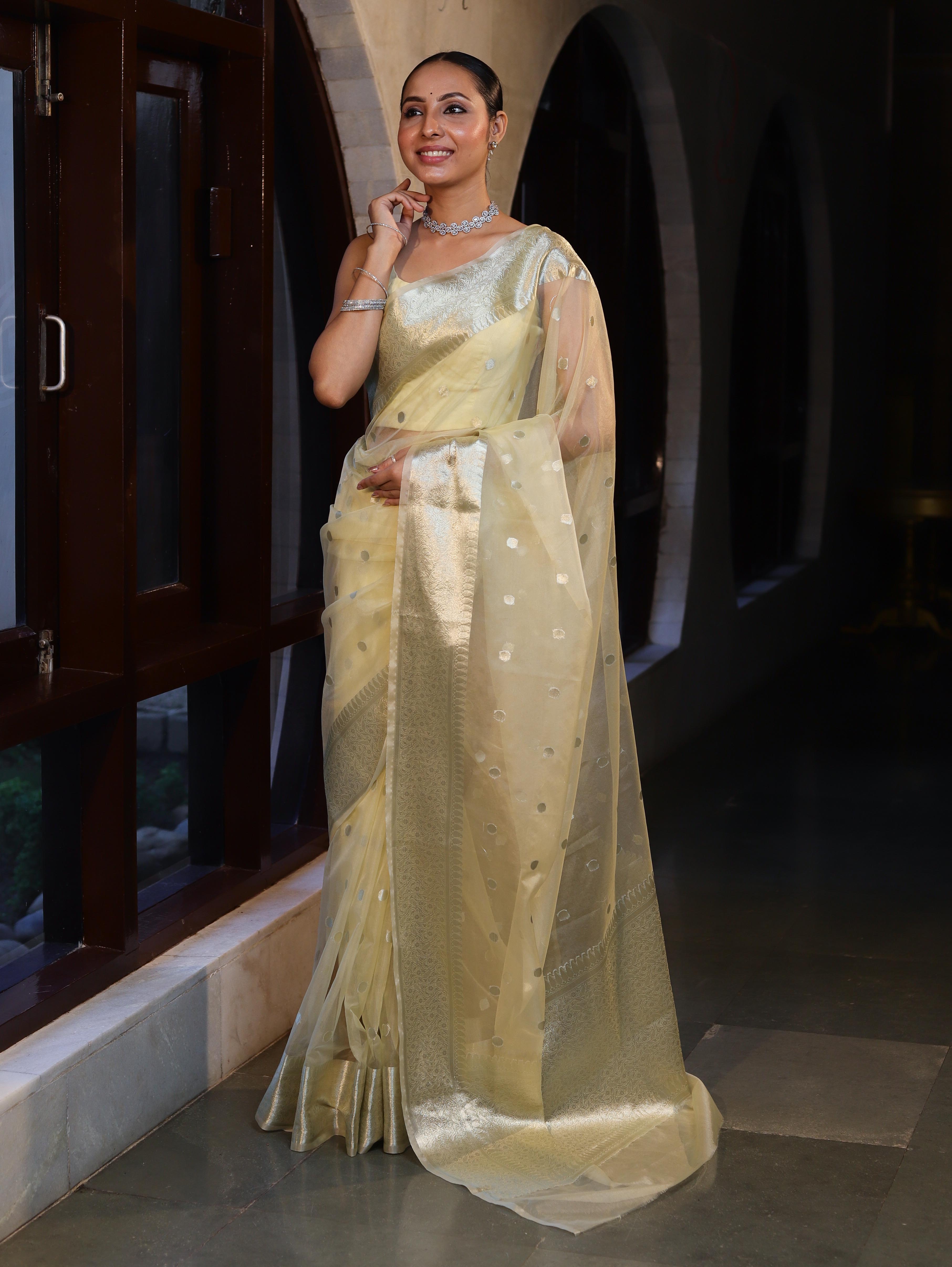 Banarasee Organza Mix Saree With Silver Zari Buti Design & Border-Light Yellow