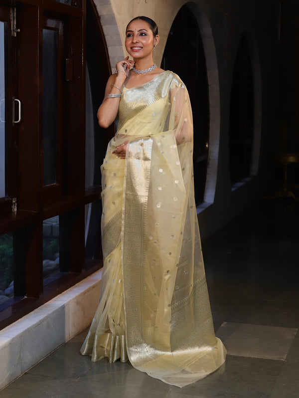 Banarasee Organza Mix Saree With Silver Zari Buti Design & Border-Light Yellow
