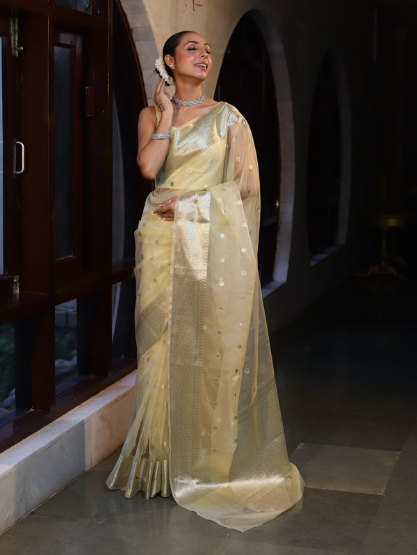 Banarasee Organza Mix Saree With Silver Zari Buti Design & Border-Light Yellow