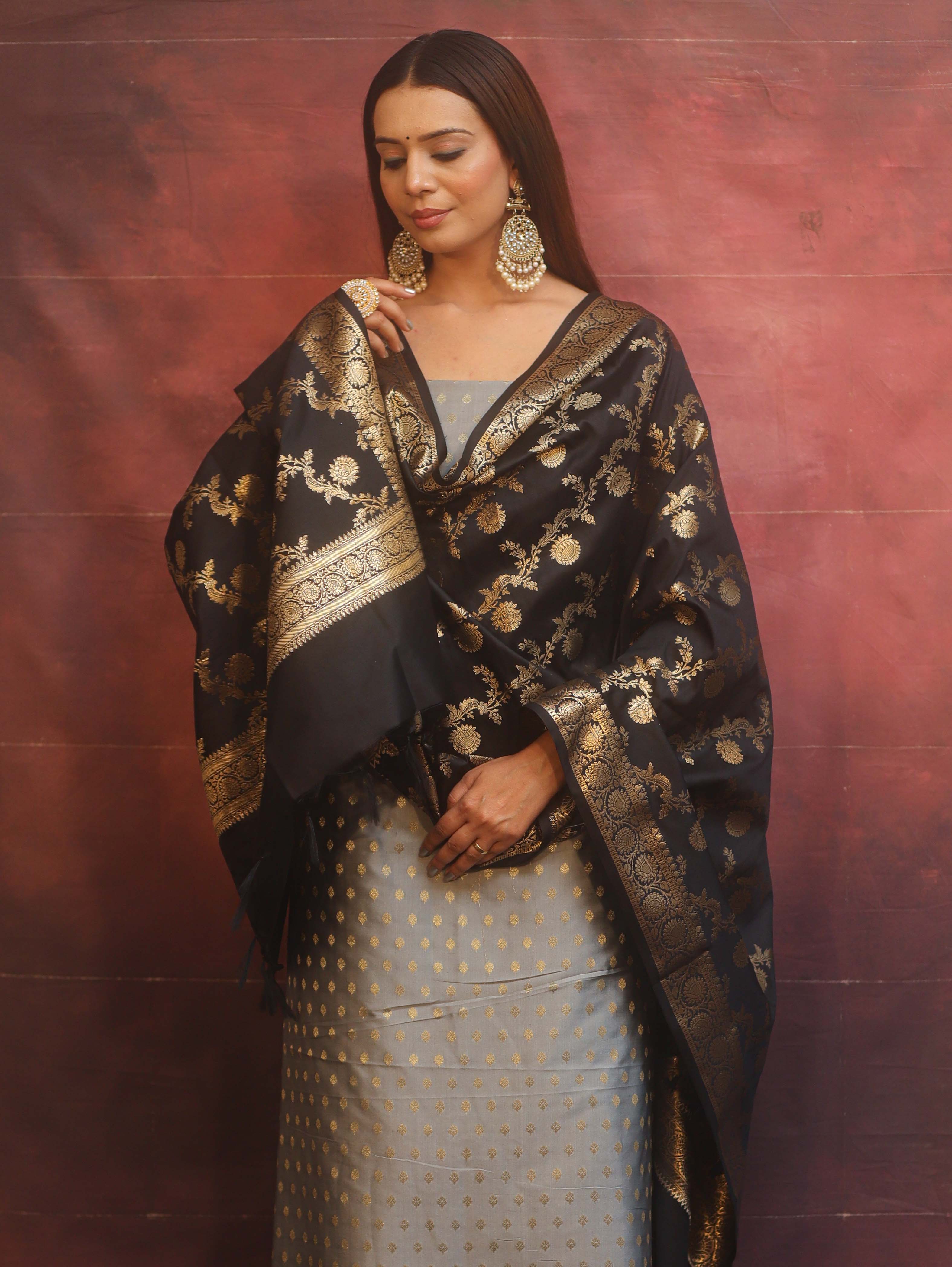 Banarasee Semi-Silk Salwar Kameez Fabric With Contrast Dupatta Set-Grey & Black