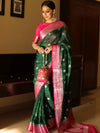 Banarasee Semi-Chiffon Saree With Silver Zari & Contrast Border Design-Green & Pink