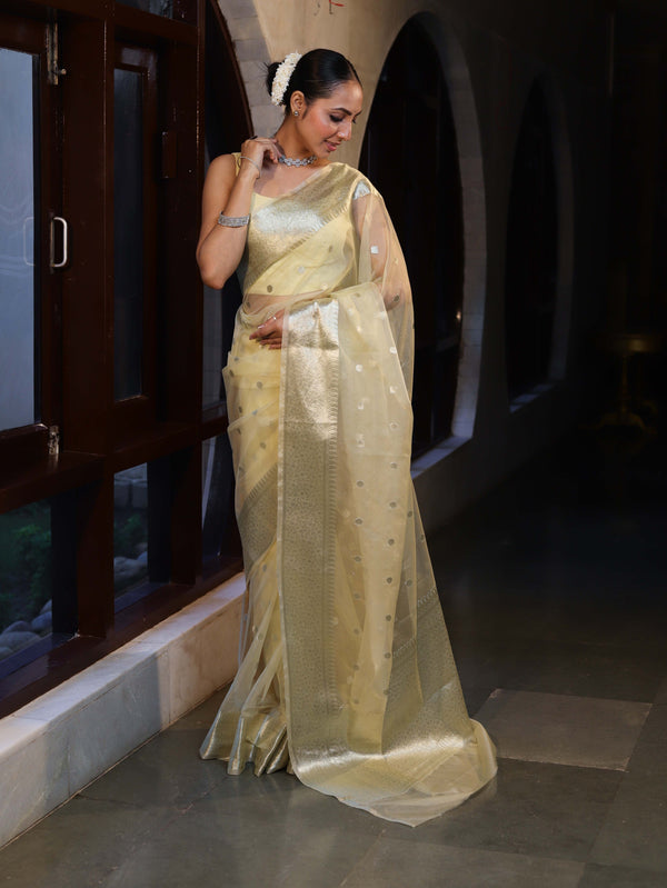 Banarasee Organza Mix Saree With Silver Zari Buti Design & Border-Light Yellow