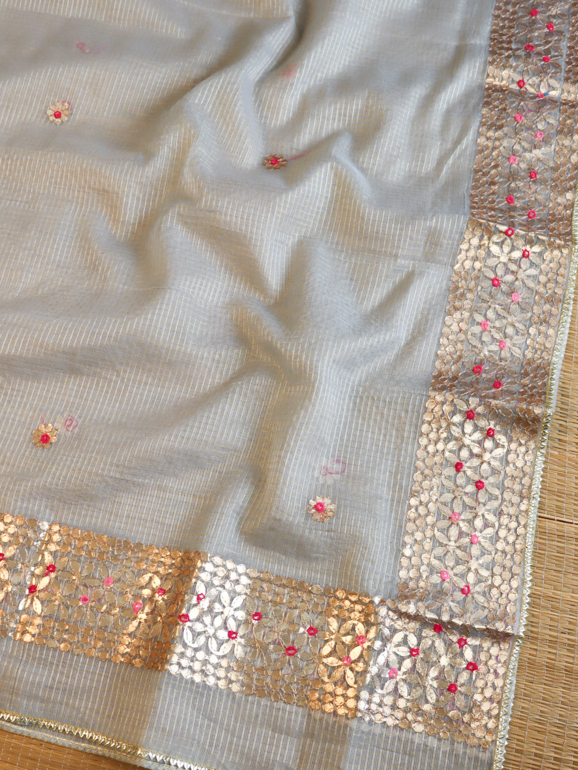 Kota Doria Gottapatti Work Salwar Kameez With Dupatta Set-Grey