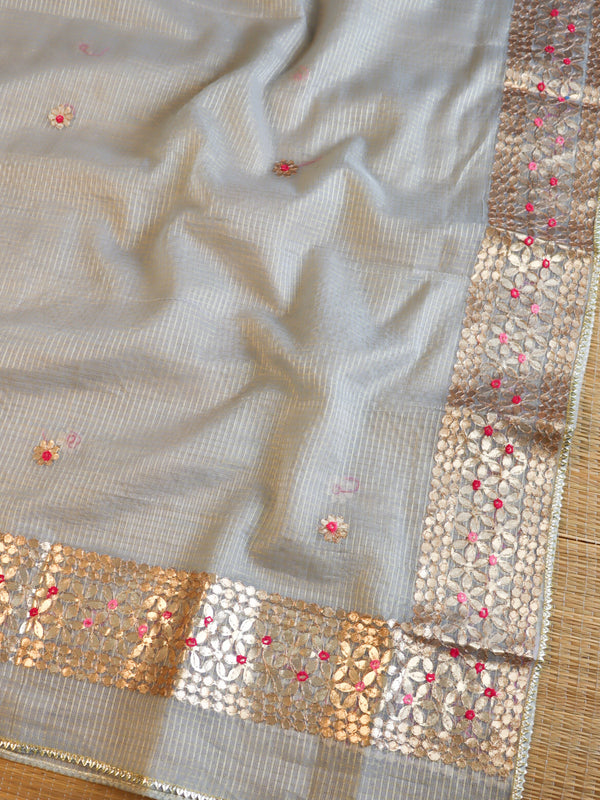 Kota Doria Gottapatti Work Salwar Kameez With Dupatta Set-Grey